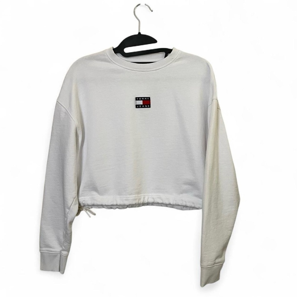 Tommy Hilfiger Jeans Cropped Sweatshirt White Logo Crewneck Pullover Women's Sm